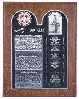 1975 North Carolina State University "Winning Football Coach" Plaque Presented To Lou Holtz (Holtz LOA)